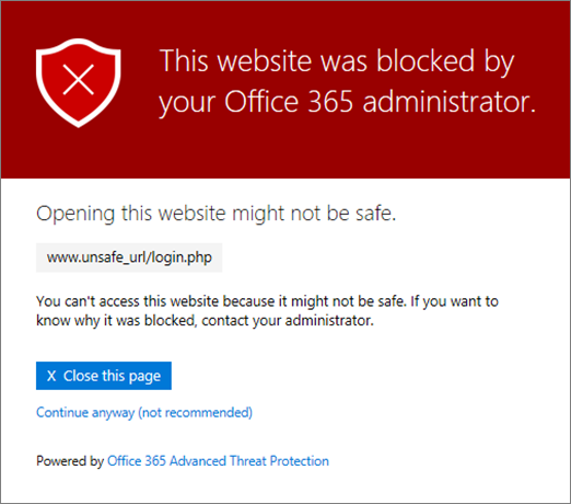 Um site é bloqueado A URL é bloqueada para sua organização. Há várias razões pelas quais uma URL pode ser bloqueada. Recomendamos que você entre em contato com o administrador do Office 365 da sua organização.